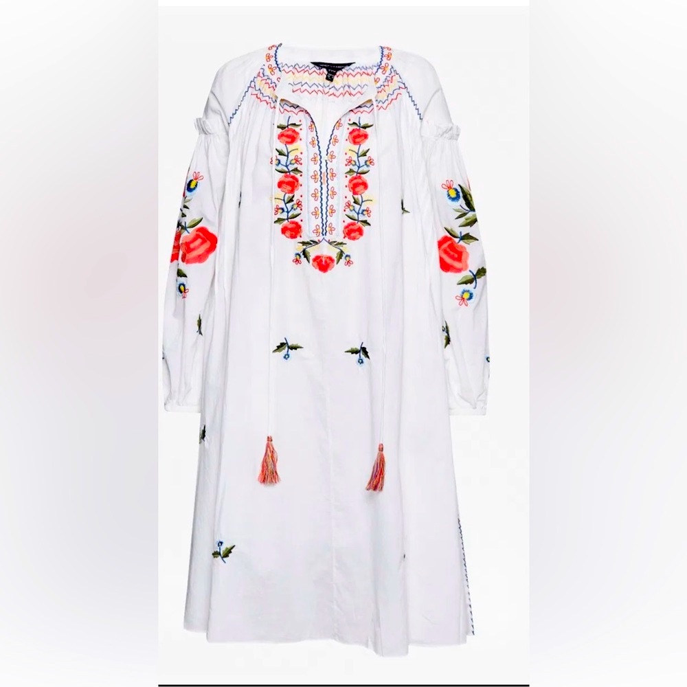 French Connection White Dress with Floral Embroidery - Edessa Cotton Folk Dress